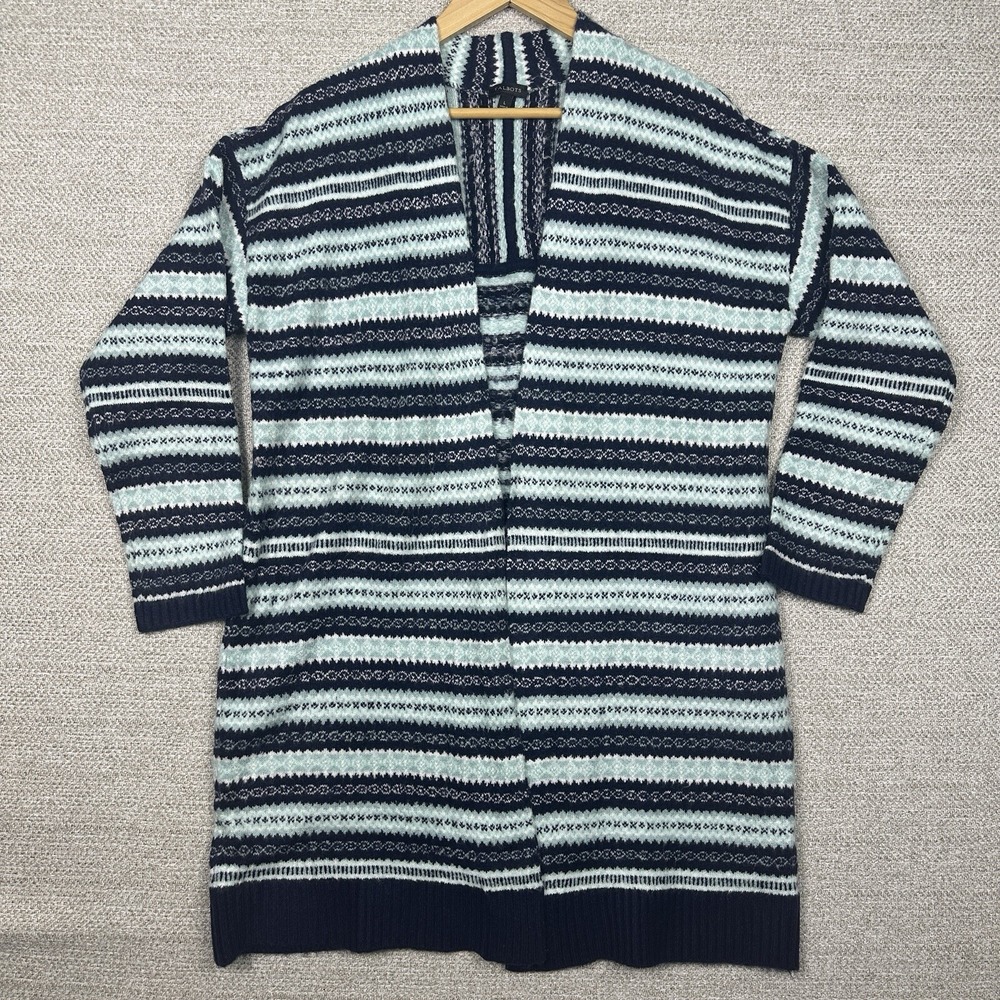 Talbots Sz L Cardigan Aqua Striped Open Long‎ Duster Chenille Aztec Fair Isle